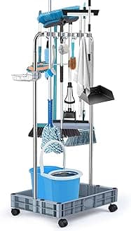 Broom Holder Organizer Movable Closet Storage Cabinet Mop Rack Floor Standing Cleaning Tool Cart For Garden Garage Schools Hotels Hospitals Factories Property Companies Restaurant (with Tank)