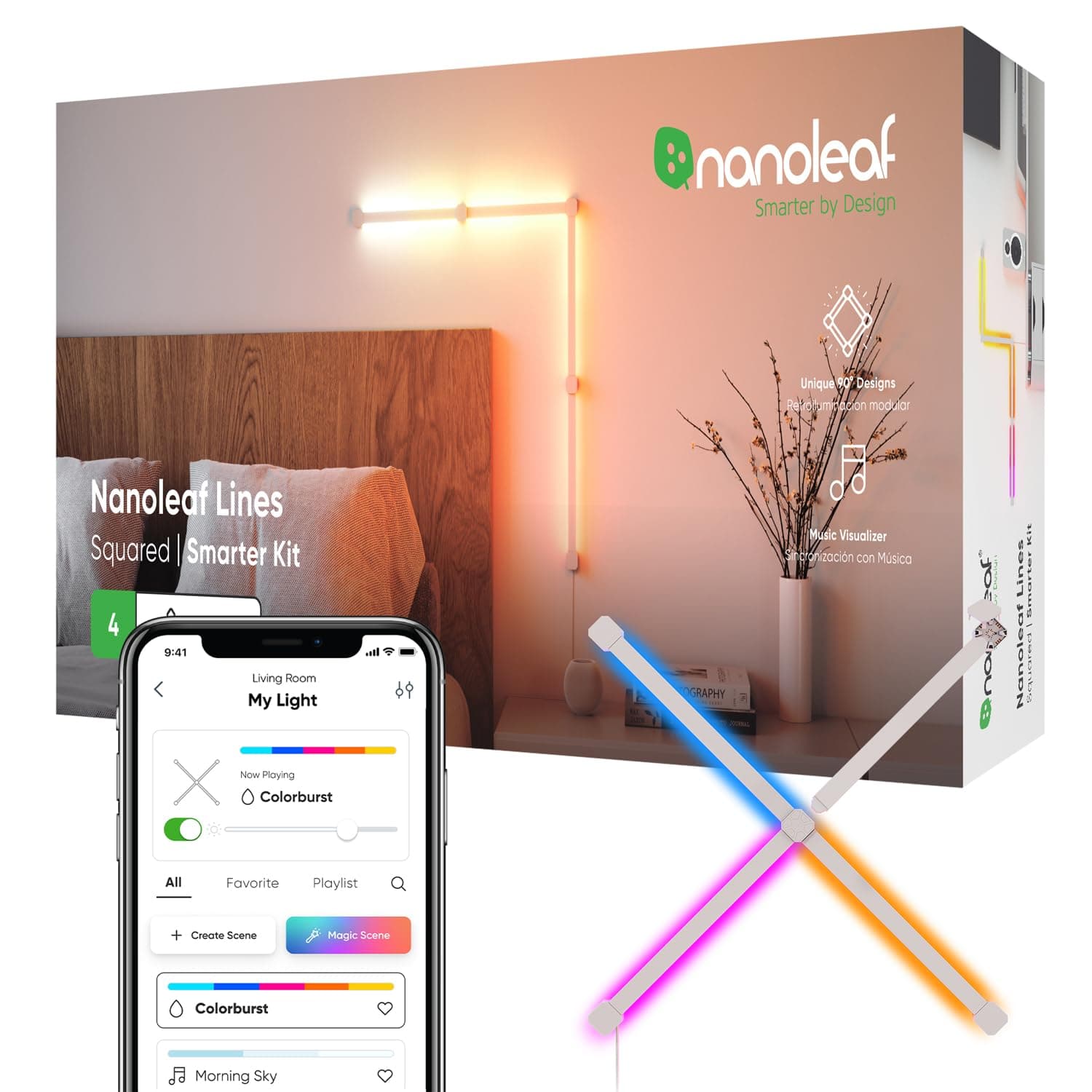 – Lines Squared Starter Kit, 4 Smart Bars LED Backlit Modular Wi-Fi Colour Changing Wall Lights with 90°Connector, Music & Screen Sync, Works with Alexa Google Apple, 42 W, Multicoloured (RGBW)