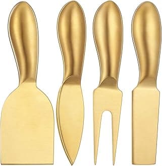 Patelai 4 Pieces Stainless Steel Cheese Knives Set, Knife Fork Slicer Butter Knife Set for Charcuterie and Cheese Spread Kitchen Cooking Christmas Gift for Women (Gold)