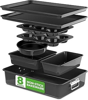 8-Piece Stackable Nonstick Bakeware Set - Premium Steel Baking Pans Set - Includes Round Cake Pan, 6-Cup Muffin Pans, Wide/Square Brownie & Loaf Pans, Cookie Sheet, & Roaster Pan (Black)