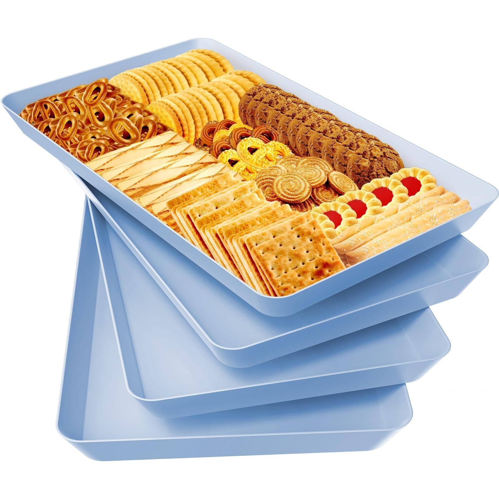 4 pcs Serving Tray for Entertaining, Serving Platters for Snacks, Fruit, Cookies, Dessert, Reusable Plastic Trays for Serving Food and Pantry Organization in Kitchen & for Parties, (Blue)