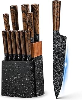 12-Piece Kitchen Knife Set with Wooden Block,Professional Chef Knife Sets with steak knives,High Carbon German Stainless Steel Knife with Japanese Designed Wooden Pattern Stainless Handle