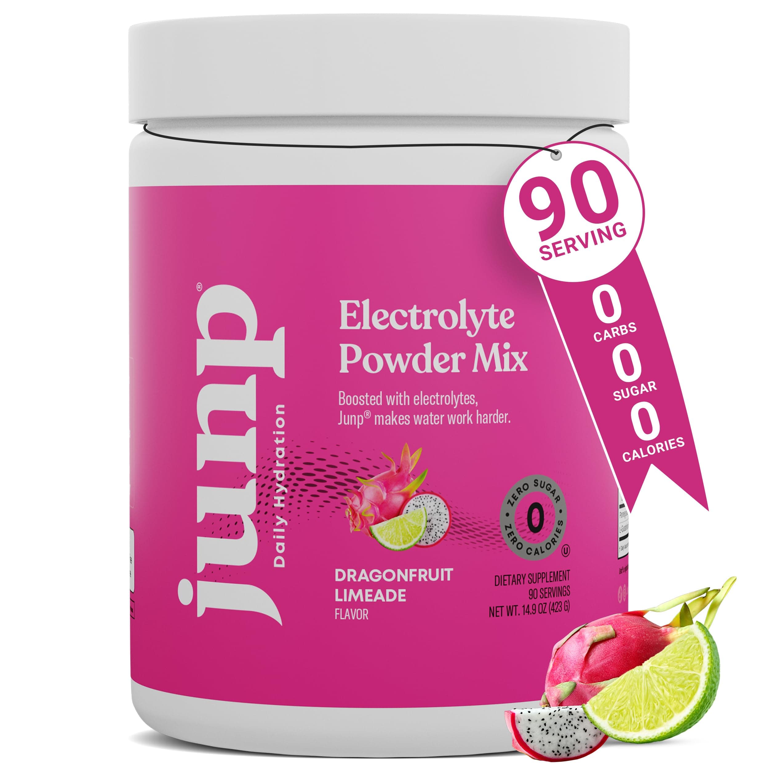 JUNP Hydration Electrolyte Powder, Electrolytes Drink Mix, Hydration Mix, Sugar Free, Gluten Free, 0 Calories, 0 Carbs, Keto Friendly, NON - GMO Kosher, 90 Servings. (Peach)… (Dragonfruit Limeade)