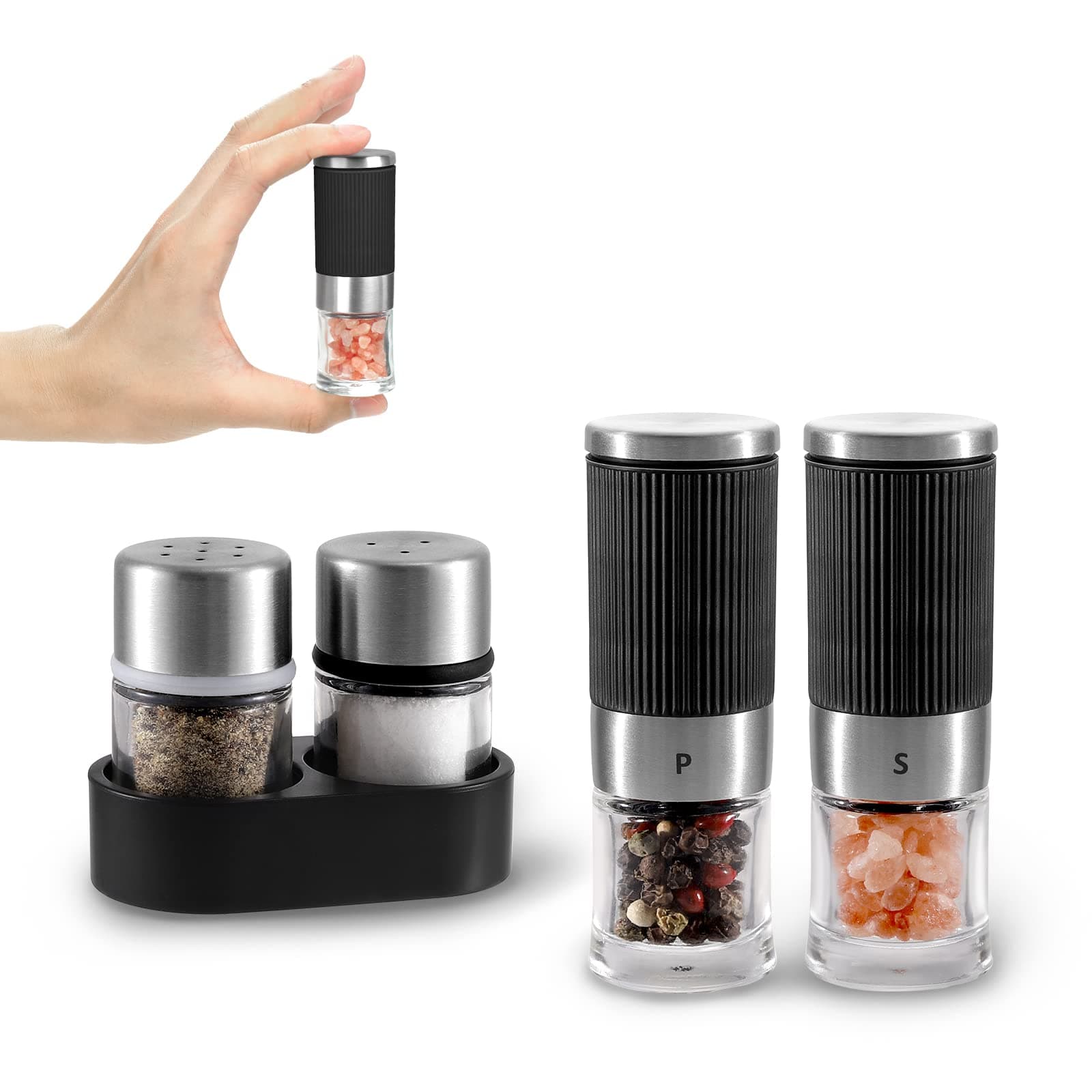 Mini Salt and Pepper Grinder set with Two Small Salt and Pepper Shaker Set Portable Spice Grinder for Travel,Camping, Party,School