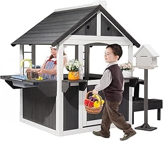 Kids Wooden Playhouse for Outdoor, Cottage with Sink, Picnic Table, Mailbox, Flowerpot Holders, Age 3-8 (Gray&White)