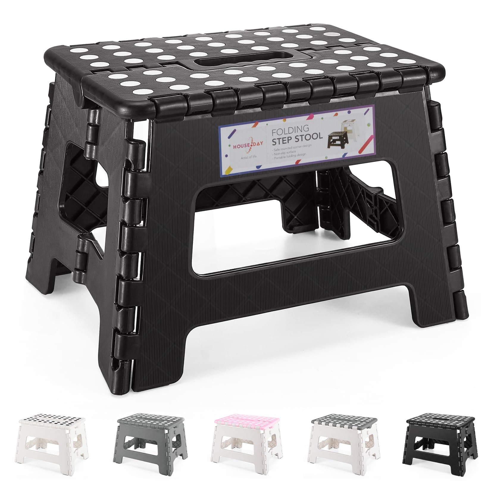 HOUSE DAY Folding Step Stool 9 Inch, Sturdy Foldable Stool with Carry Handle, Collapsible Step with Non-Slip Surface for Kids and Adults, Compact Design for Kitchen, Bathroom, Camping-Black