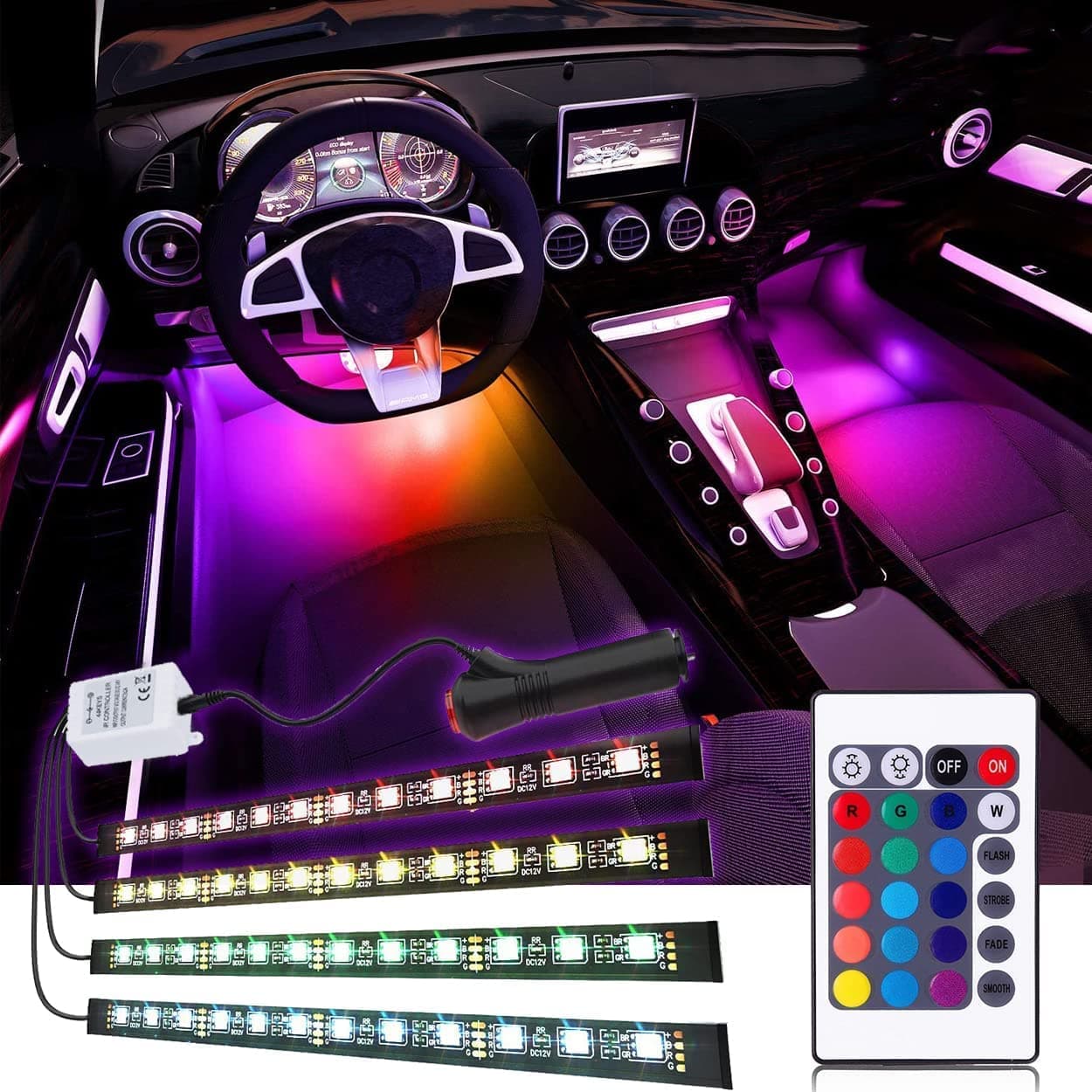 EJ's SUPER CAR Car LED Strip Light, 4pcs 36 LED Multi-Color Car Interior Lights Under Dash Lighting Waterproof Kit with Multi-Mode Change and Wireless Remote Control, Car Charger Included,DC 12V…