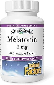 Stress-Relax Melatonin 3 mg by Natural Factors, Natural Sleep Aid, Resets the Sleep-Wake Cycle, 90 chewable tablets (90 servings), Peppermint Flavor