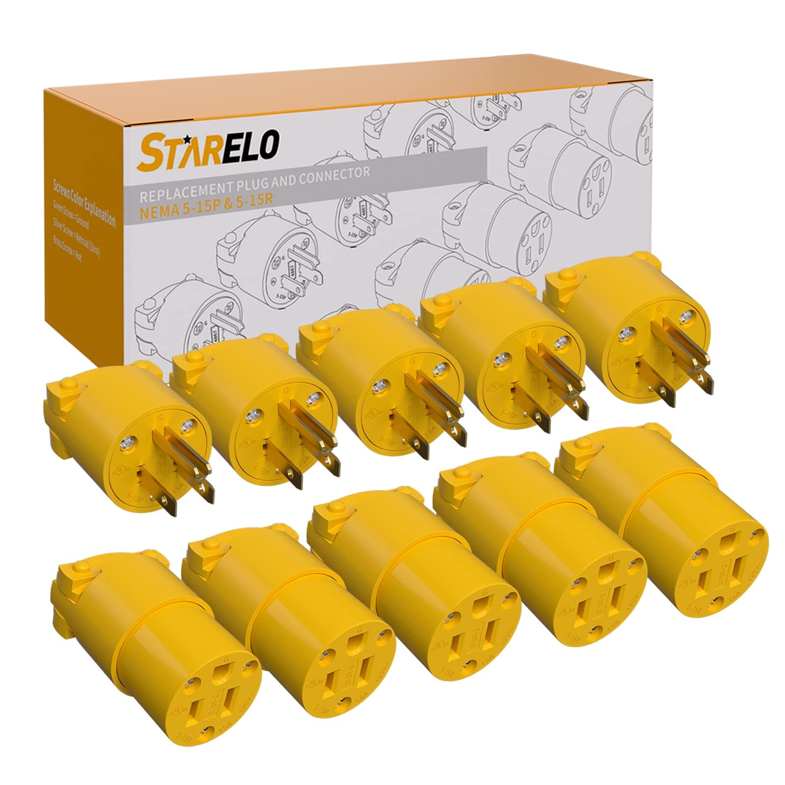 STARELO Extension Cord Ends,Electrical Replacement Plug & Connector Set Yellow Shell 125V 15A 2Pole 3Wire NEMA 5-15P & 5-15R Industrial Grade 3-Prong Straight Blade Grounding Type(5),UL Listed.
