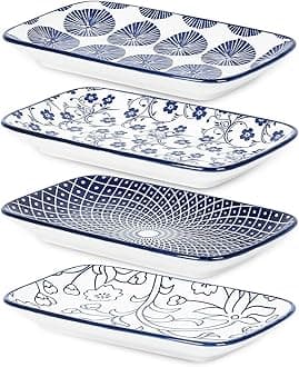 Ceramic Rectangular Salad Plates Set of 4, 8 Inch Small Serving Plates for Appetizers, Sushi, Fruit, Vintage Blue