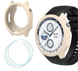 GIOPUEY Silicone Case Compatible with OnePlus Watch 2/OPPO Watch X, with 3 Pack Screen Protector Flim, Soft TPU Silicone Protective Case Cover, OnePlus Watch 2/OPPO Watch X Cover - Beige