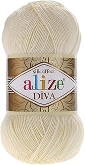 Alize Diva Silk Effect 100% Microfiber Acrylic Yarn 1 Ball skeins 100gr 383yds Color (1 - Cream)