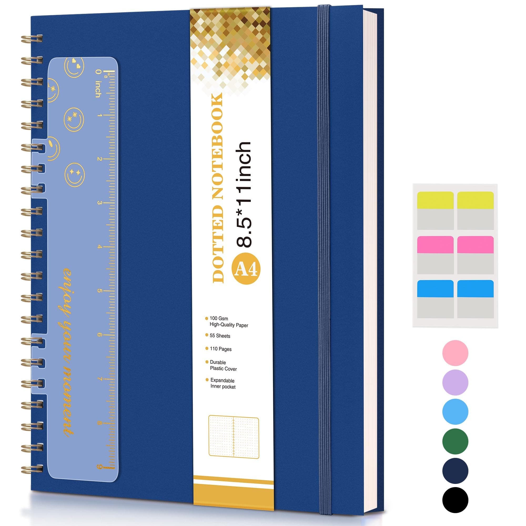 Dotted Notebook, Spiral Notebook Journal 8.5” x 11”, A4 Large Dot Grid Notebooks for Women Men, 100 GSM Dotted Paper, Plastic Hardcover Spiral Bullet Dotted Journals for Work School Sketching, Navy