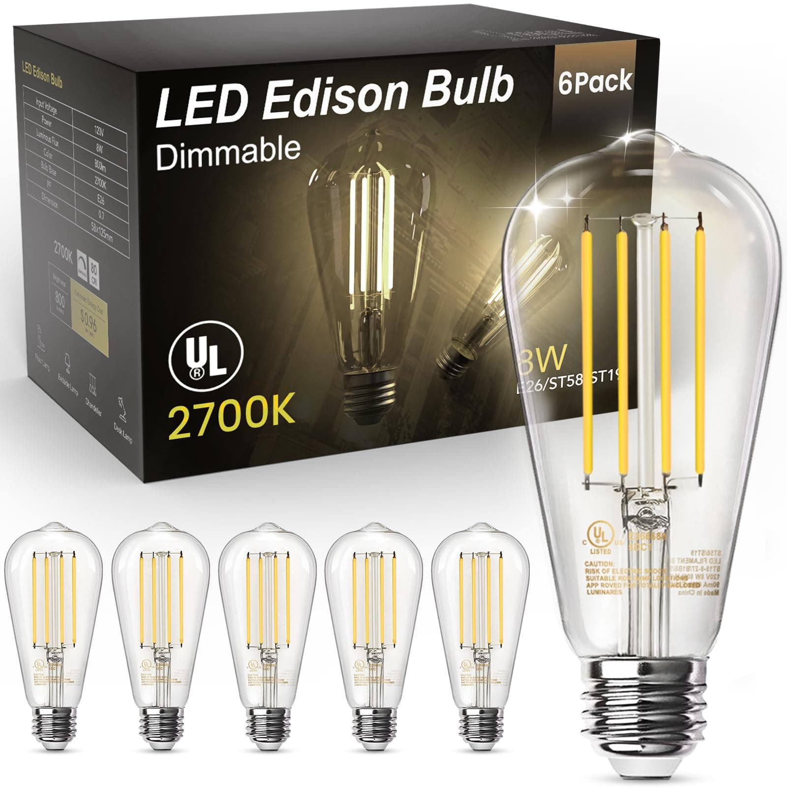 - TJOY Edison Light Bulbs 60W Equivalent, Dimmable Vintage LED Light Bulbs, E26 Medium Base, Warm White 2700K, ST58, 8W, 800LM, 80+ CRI, Antique Decorative Filament LED Bulb, Clear Glass, 6 Pack