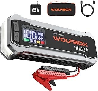 WOLFBOX 4000A Jump Starter,12V Car Battery Jumper Starter Portable with 65W Quick Charger,LED Display,88.8Wh Booster Jump Box Pack (10L Gas 10L Diesel Engine) with LED Light,Jumper Cables