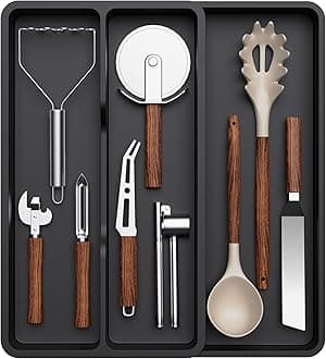 Lifewit Utensil Organizer for Kitchen Drawer, Expandable Cooking Silverware Tray, Adjustable Cutlery Flatware Holder, Plastic Spatula Tools Storage Divider, 14.4 x 15.8", Black