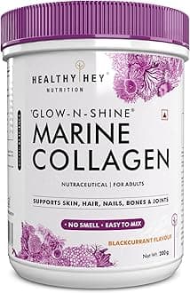 HealthyHey Glow-n-Shine® Marine Collagen Powder - Hydrolyzed | Type 1 Collagen Protein Supplement with Hyaluronic Acid | Amino Acids for Skin, Hair, Nails (blackcurrant, 200g)