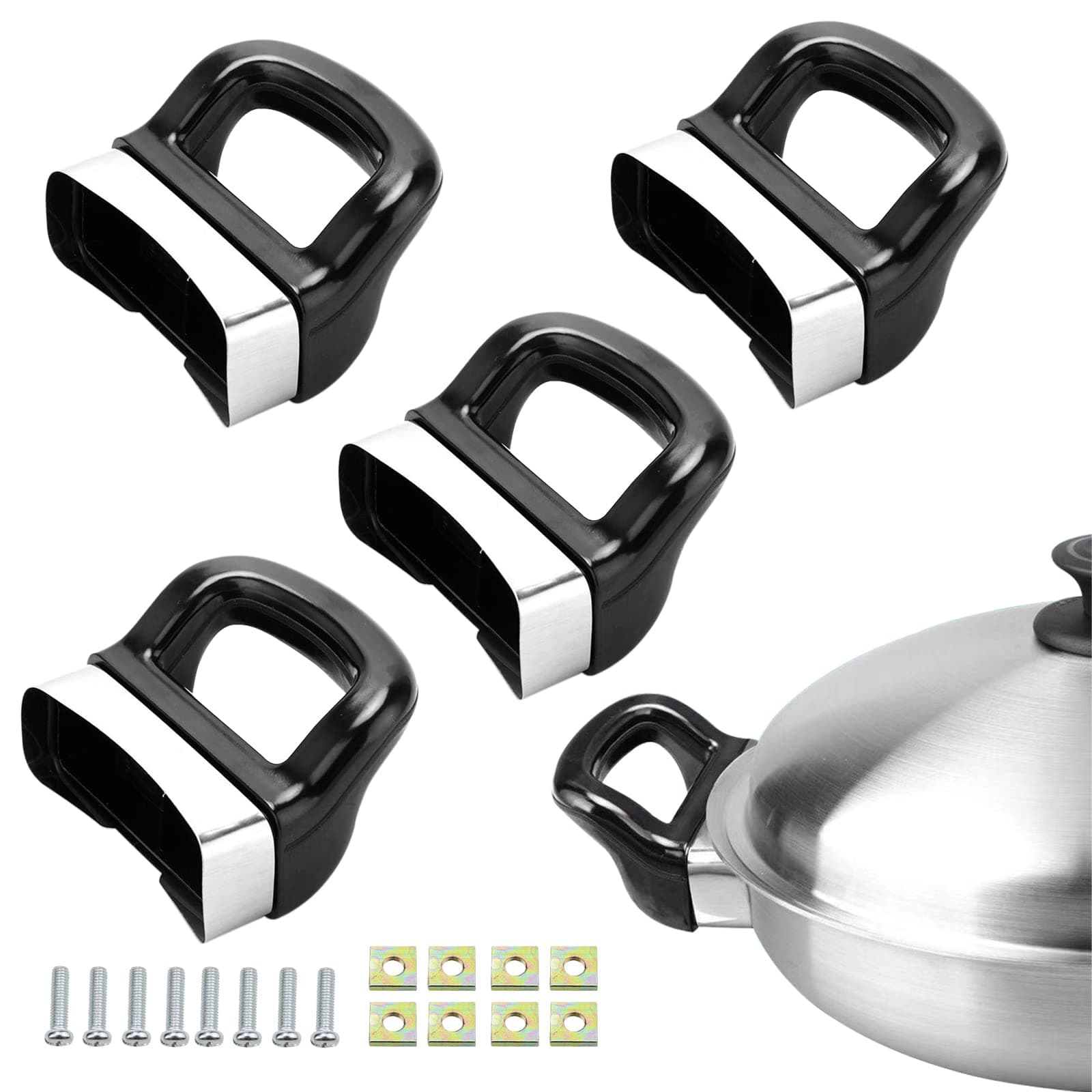 4 Pack Metal Pressure Pan Handle Replacement - Side Ear for Cooker, Steamer, Sauce Pot - Short Black Handles Suitable for 2 or 1 Hole Type