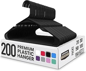 Plastic Hangers 200 Pack - Perfect Space Saving Clothes Hanger - Durable and Strong - Perfect Closet Organizers with Shoulder Grooves (Black)