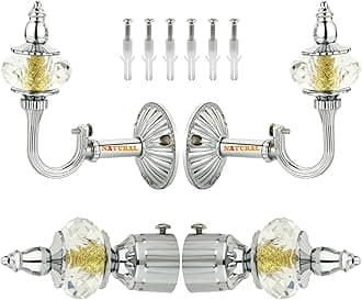 NATURAL Heavy Duty Aluminum Royal Luxury Design Curtain Bracket/Finial and Support with Screw/Wallplug for Window & Door Fittings - Suitable for Upto 1 Inch Pipe. (2 Set, Chrome)