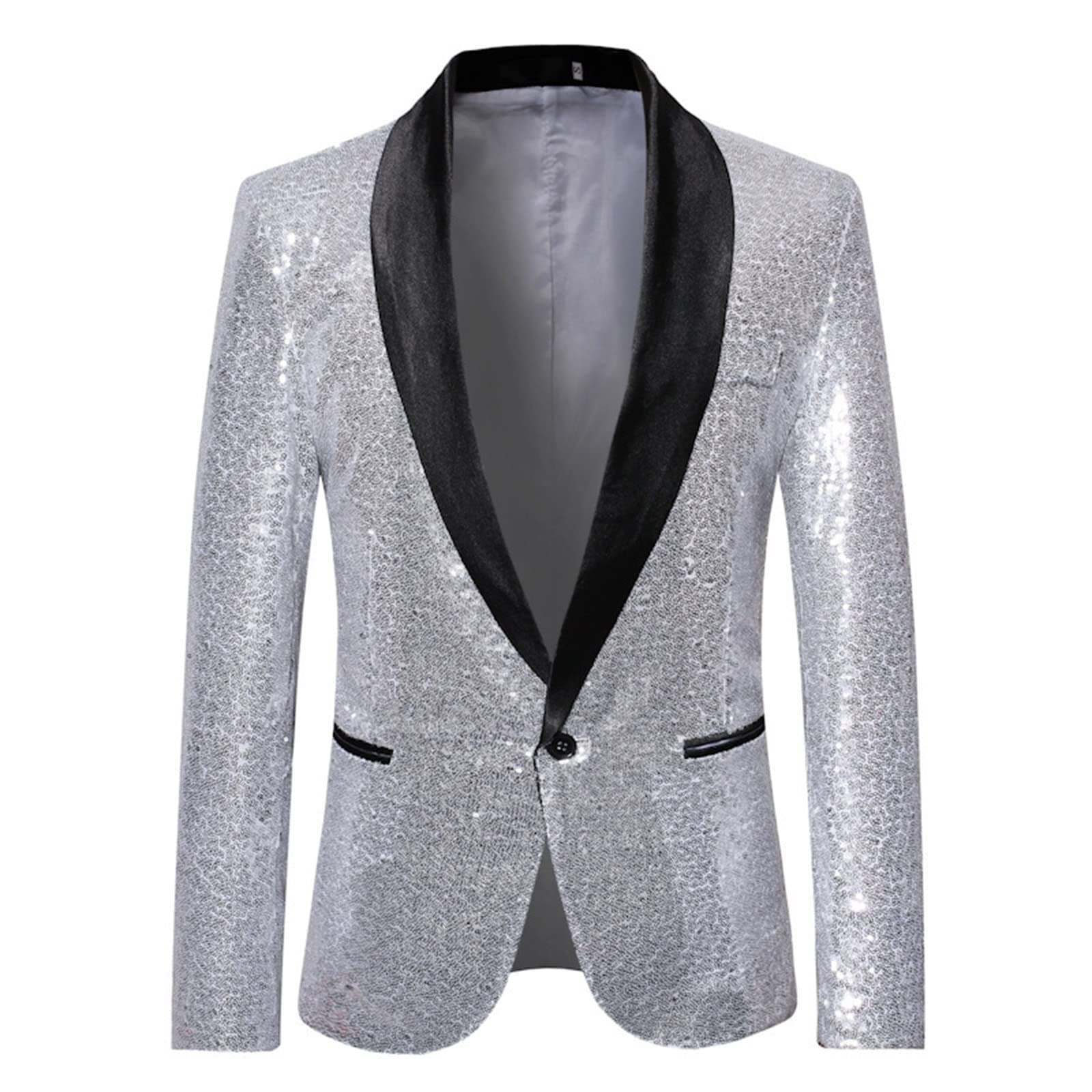 genericSequins Blazers for Men UK - Gold Silver Solid Colors Shawl Lapel Blazer One Button Tuxedos Coat for Party Prom Banquet Cosplay Suit Jacket Luxury Regular Fit Floral Suit for Weddings Party