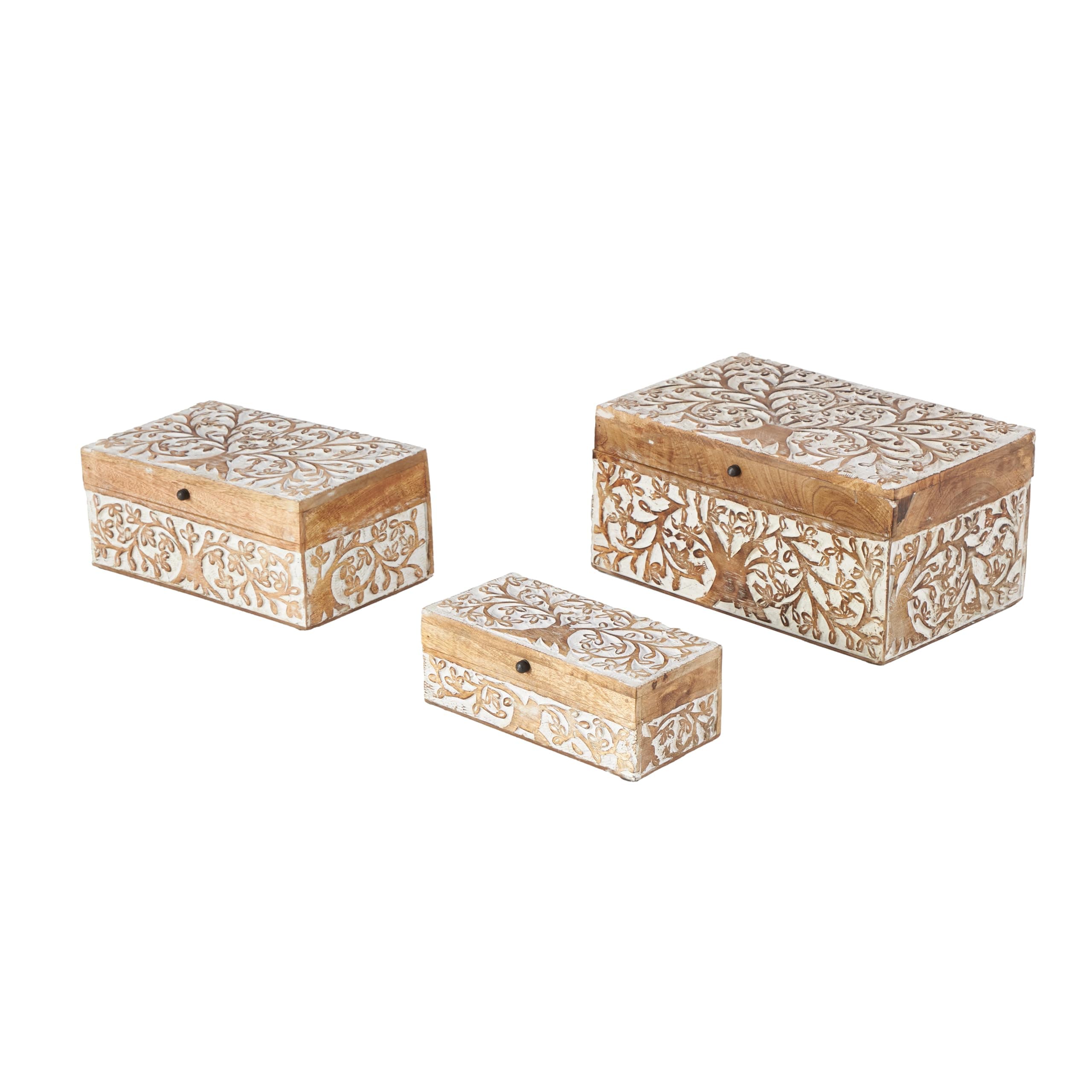 Mango Wood Floral Decorative Box Decorative Keepsake Boxes with Hinged Lid, Set of 3 Storage Boxes 8", 10", 12"W, Brown