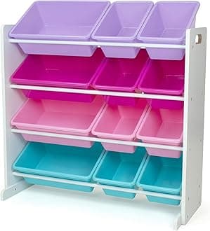 Humble Crew Kids Toy Storage Organizer with 12 Plastic Bins, White/Pink/Purple/Turquoise – Removable Bins for Playroom, Bedroom, Toddler Furniture for Boys and Girls Ages