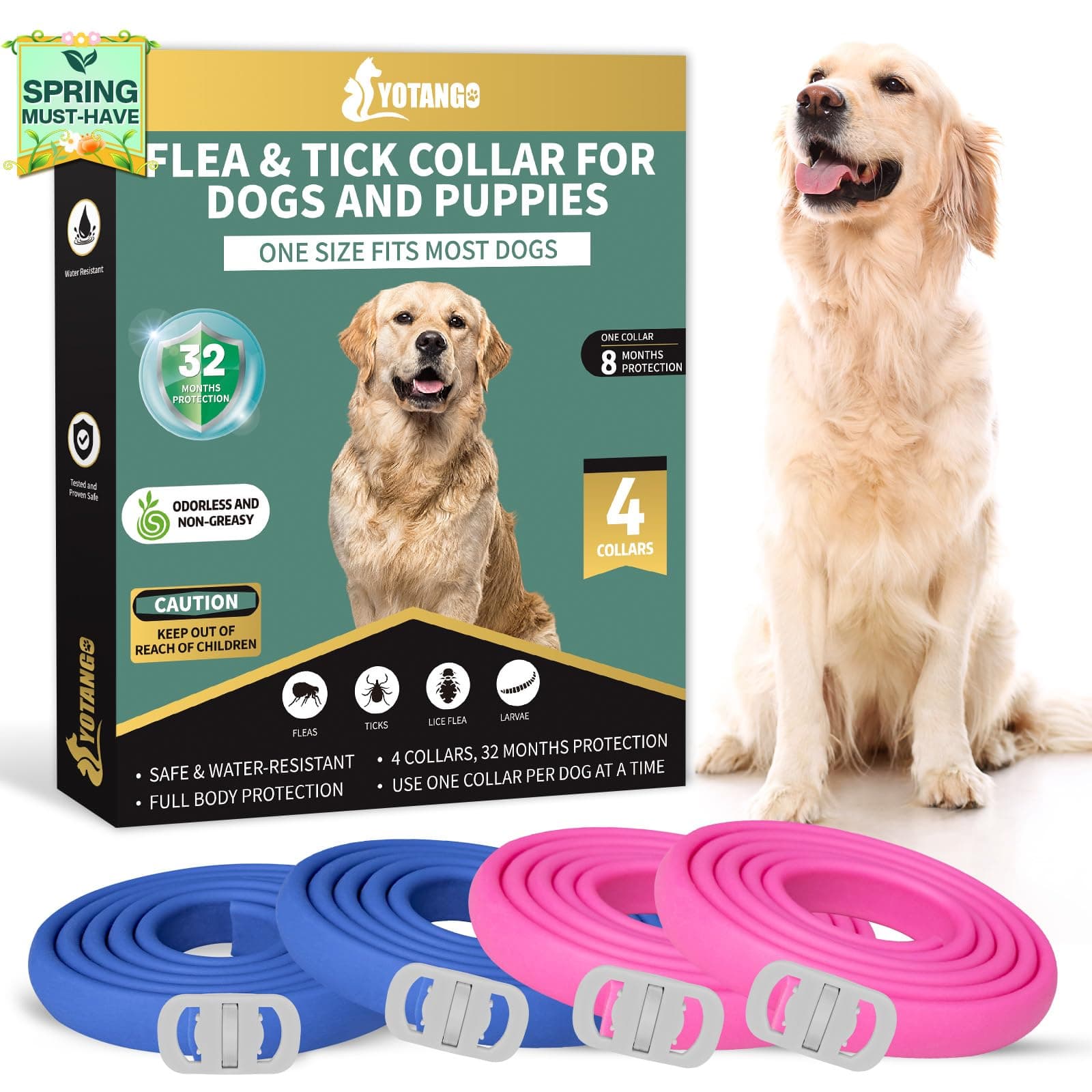 YOTANGO 4 Pack Flea Collar for Dogs, Dog Flea Collar Waterproof, 32 Months Prevention, Dog Fleas and Tick Treatment, Adjustable Fleas and Tick Protection for Dogs Puppy(Blue & Pink)