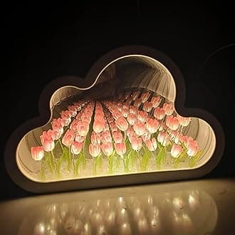 DIY Tulip Night Light,Cloud Tulip Mirror Night Light,LED Handmade Simulated Tulip Table Lamp,Room Desktop Decor for Teen Girls,Tulip lamp for Bedroom (Pink)