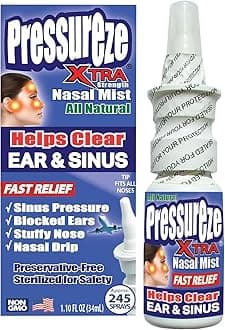 Pressureze Xtra - Natural- Preservative Free - Sterile Nasal Spray - for Severe Sinus Congestion Relief - Opens Blocked Ear Canals, Snoring - 245 Sprays, 34 ml (Pack of 1)