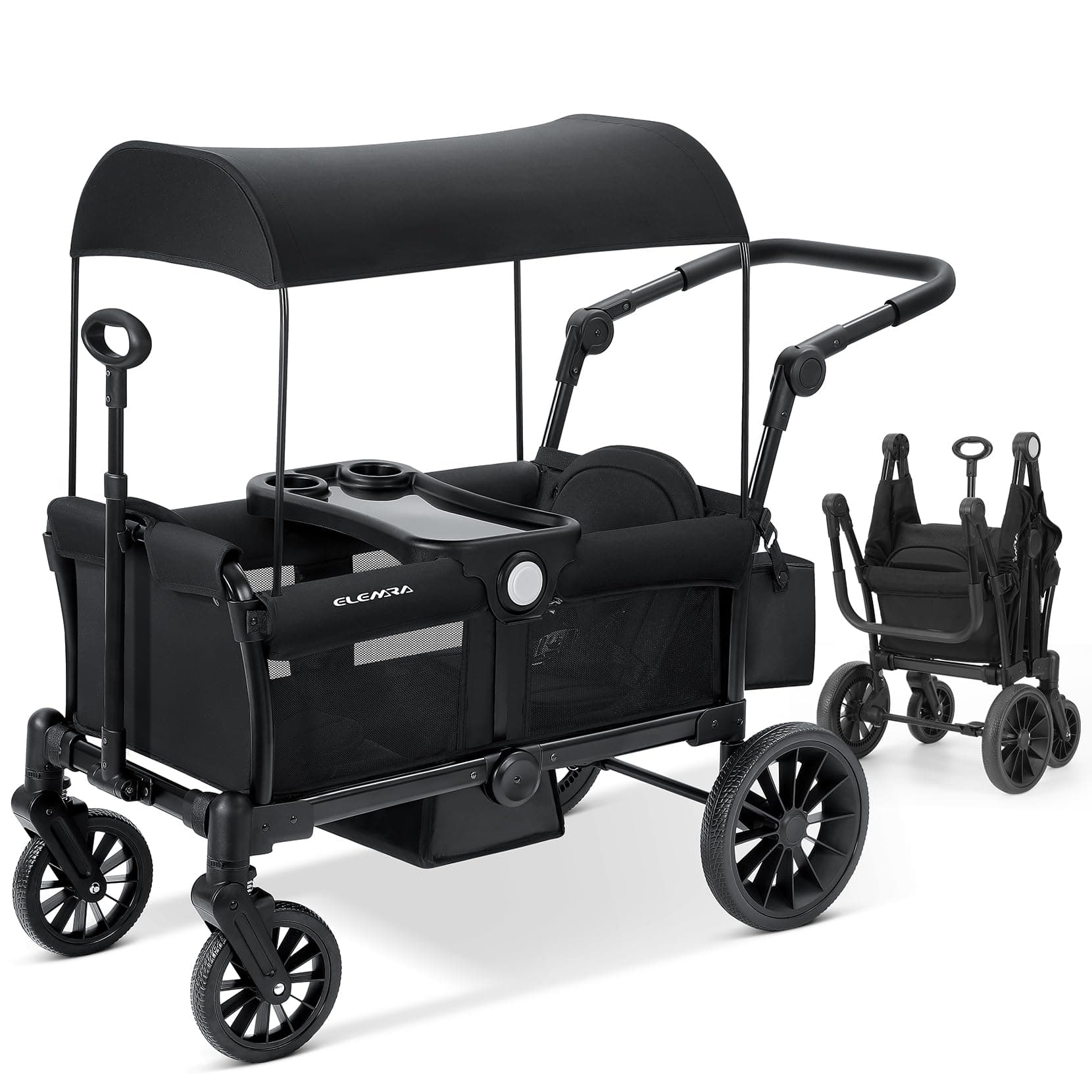 ELEMARA Foldable Wagon Stroller, Stroller Wagon for 2 Kids, Premium All Terrain Wagon for Kids with Removable Canopy, Adjustable Push/Pull Handle, Harnesses, Large Storage Bag, Black
