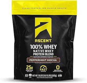 Ascent 100% Whey Protein Powder - Post Workout Whey Protein Isolate, Zero Artificial Flavors & Sweeteners, Gluten Free, 5.5g BCAA, 2.6g Leucine, Peppermint Mocha 1.7 lb
