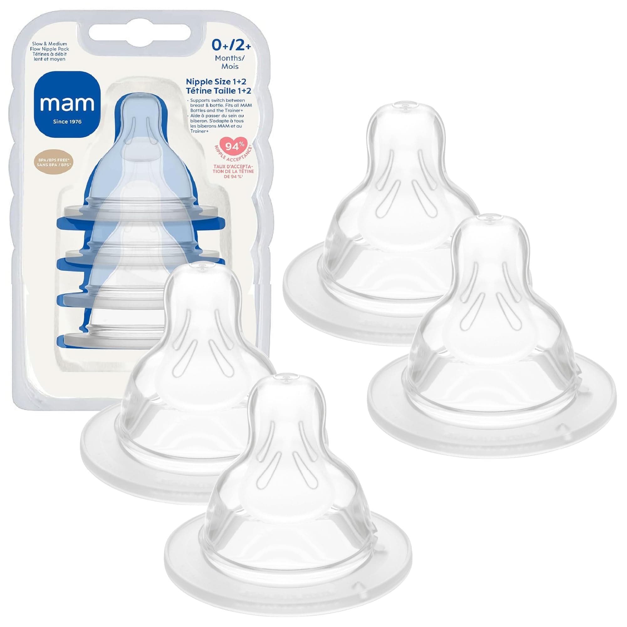 MAM Baby Bottle Nipple Mixed Flow Pack, Slow Size 1 and Medium Flow Size 2 for Babies 0+ Months, Skin Soft BPA Free Silicone, 94% Nipple Acceptance, Fits All MAM Bottles, 4 Pack, Made in Europe