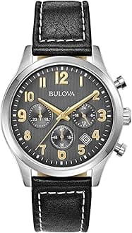 Bulova Men's Classic Stainless Steel 6-Hand Chronograph Quartz Leather Strap Watch with Grey Dial, Gold Accents, Arabic Markers, 41mm