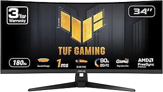 ASUS TUF Gaming 34” Ultra-Wide Curved Monitor (VG34VQ3B) – 21:9 QHD (3440x1440), 180Hz, 1ms, Extreme Low Motion Blur Sync, FreeSync Premium, Speaker, 90% DCI-P3, DisplayWidget Center, 3 yr Warranty
