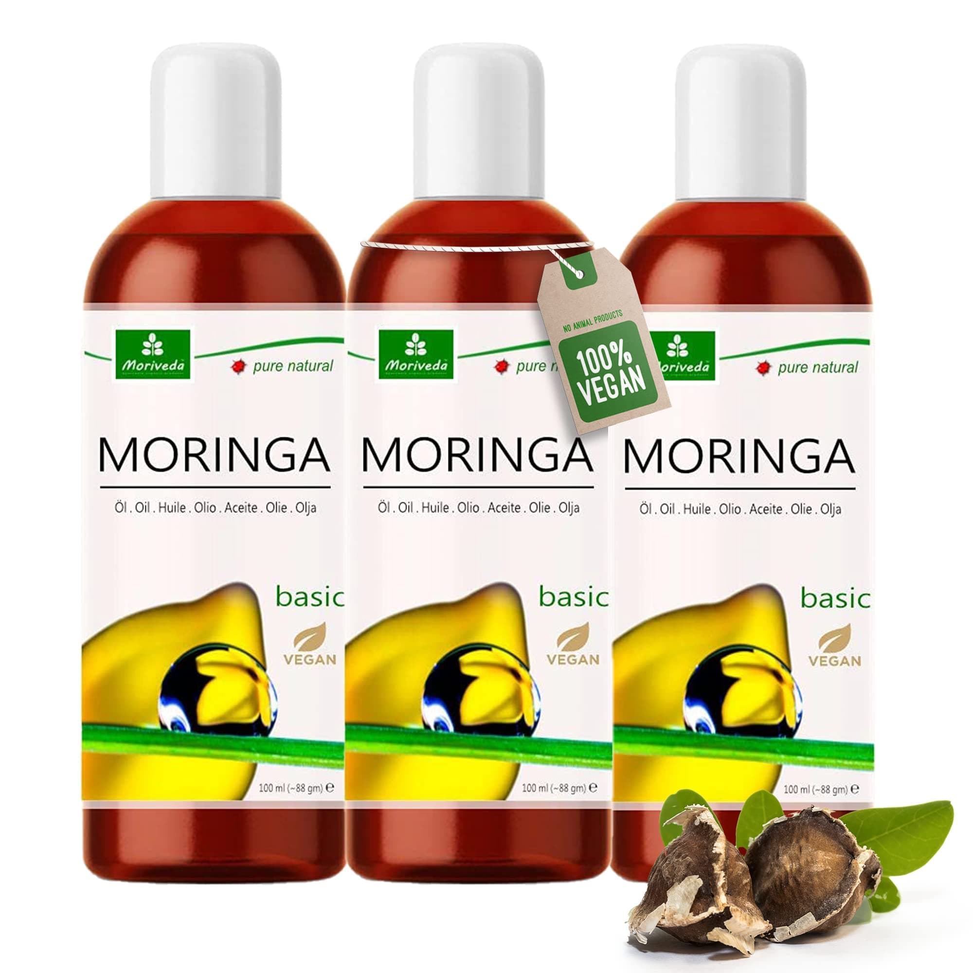 MoriVeda® - Moringa Oil Basic 300ml, pressed from Oleifera Seeds and Pods, suitable for Skin Care, Hair Care, Wound Care, Anti-Aging (3x100ml)