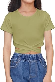 OYOANGLE Girl's Cute Crisscross Short Sleeve Cutout Solid Crop Top Tee T-Shirts