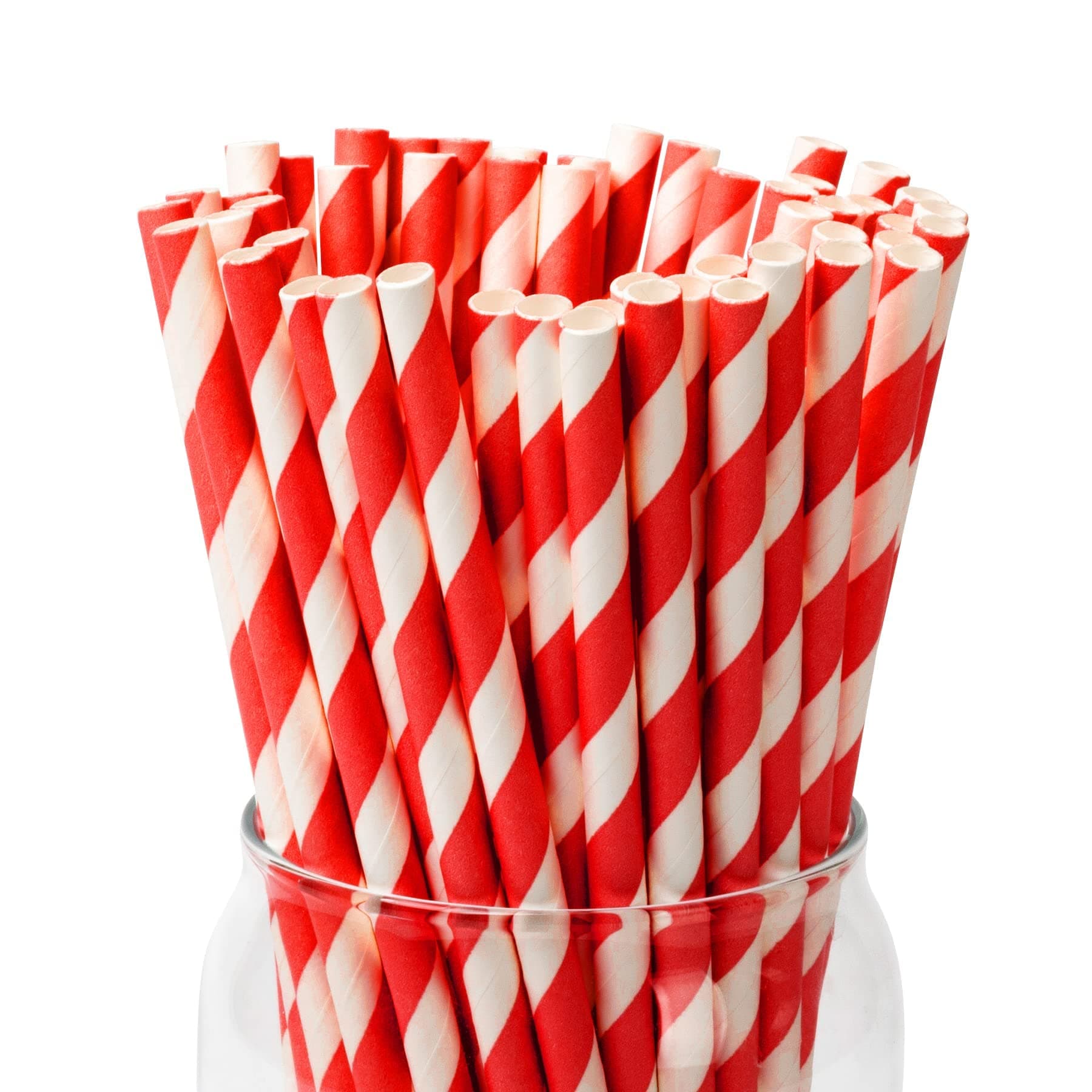 PakTalk 100 Pack Red Straws, Disposable Red and White Biodegradable Paper Striped Straws for Cocktail, Milkshake, Coffee, Lemonade (0.24" x 7.75")