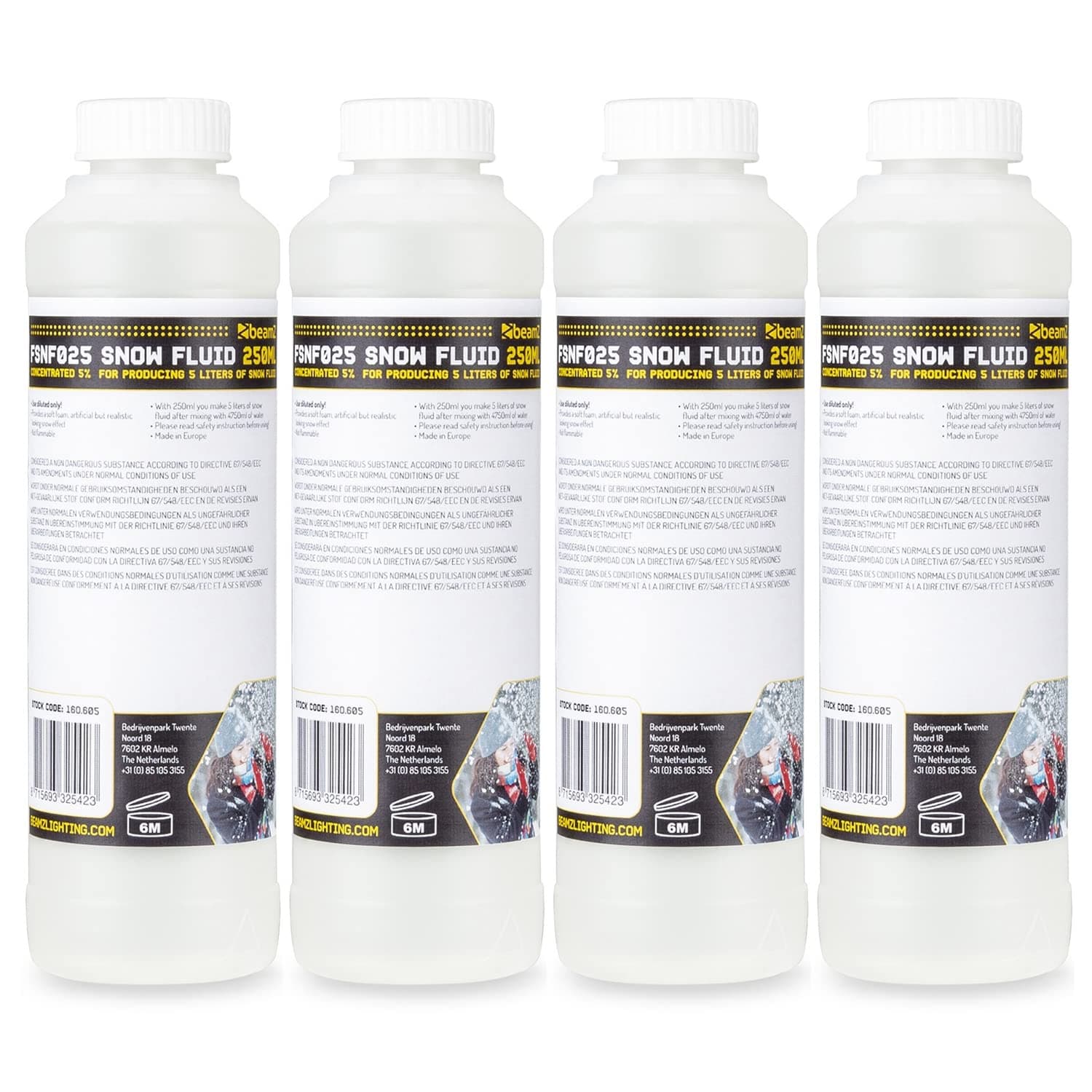 Dynamic Premium Snow Fluid Concentrate Pack, 4x 250ml Bottles, Makes 20 Litres Snow Machine Fluid, Foam Effect for DJ Events, Parties & Christmas Decorations