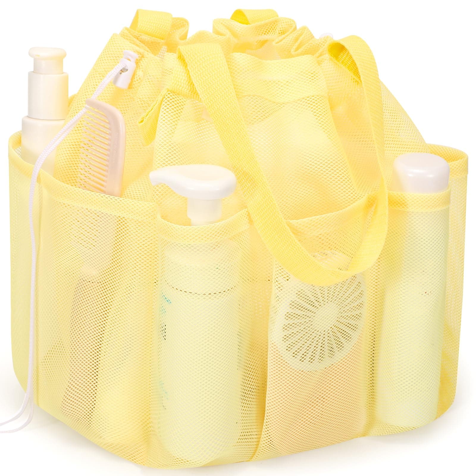 Mesh Shower Caddy Portable with Drawstring, Dorm Room Essentials for College Students Girls & Boys, Large Shower Bag for Camping,Swimming,Gym,Travel,Bathroom - Yellow