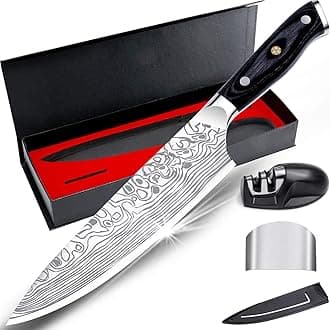 KAPEICamper8" Super Sharp Professional Chef's Knife with Finger Guard and Knife Sharpener, German High Carbon Stainless Steel Kitchen Cooking Knife with Micarta Handle and Gift Box (8 inch)
