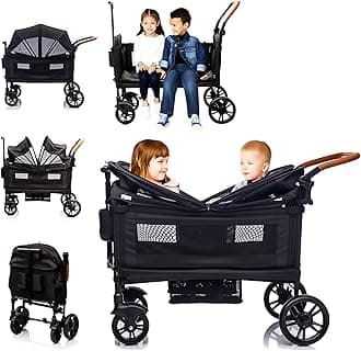 Wagon Stroller for 2 kids & Cargo-Travel Stroller Push-Pull Stroller Lightweight Folding Stroller for Newborn&Toddler with 5-Point Harness,Adjustable Handle Bar and Canopy,Tray Table,Cup Holder