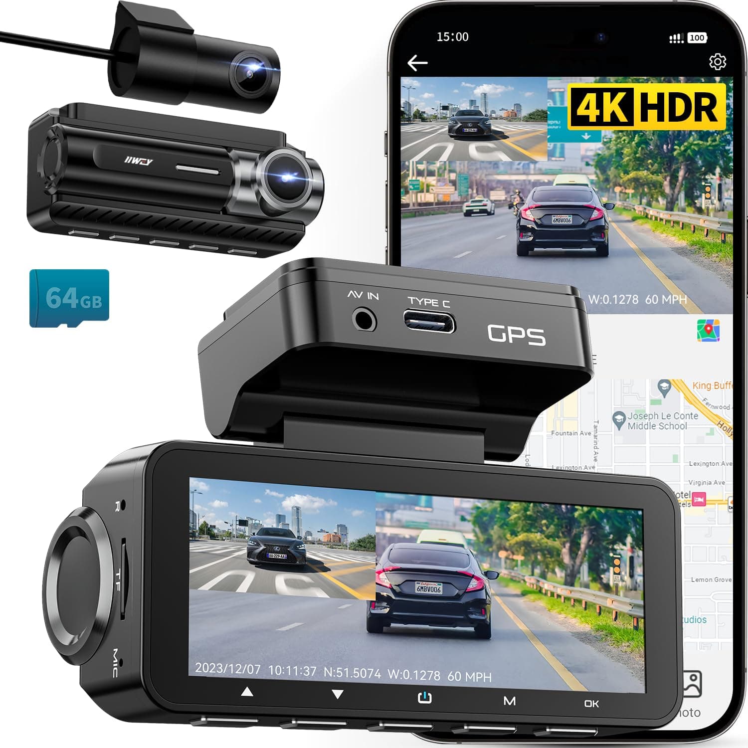 D2 Pro Dash Cam Front and Rear 4K, Built-in GPS Speed, 5GHz WiFi, Voice Control, 3.39’’ IPS Screen, Free 64GB SD Card, Super Night Vision, 24H Parking Monitor, Supercapacitor, Type C, WDR