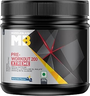 MuscleBlaze Pre Workout 200 Xtreme, 200Mg Caffeine Powder, 200Mg Theanine, 2000Mg Beta Alanine, 3000Mg Citrulline (Berry Bolt, 200 G, 30 Servings)