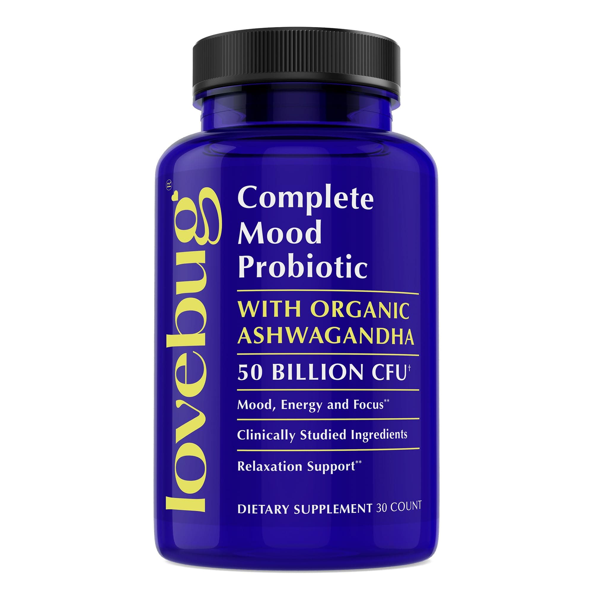 LOVEBUG Complete Mood Probiotic | 10 Clinically Studied Probiotic Strains & Patented Organic Ashwagandha for Cortisol and Serotonin Support | Natural Energy | Adaptogenic Stress-Defense | 30 Count