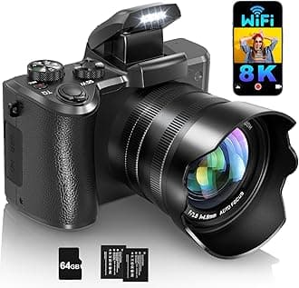 8K Digital Cameras for Photography Autofocus, WiFi 88MP Vlogging Camera with Dual-Lens, Flash, 16X Digital Zoom, Touch Screen, Travel Camera Anti-Shake with Lens Hood, 64GB Card,2 Batteries