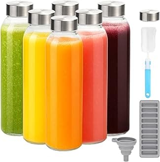 Glass Juice Bottles with Lids for Juicing 18 oz, Reusable Clear Glass Water Bottles with Stainless Steel Airtight Cap for Refrigerator, 100% Leak Proof Drinking Jar, BPA Free, Set of 6