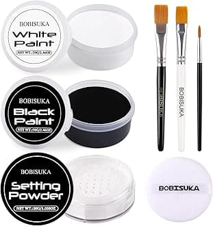 BOBISUKA Black & White Face Body Paint + Setting Powder + 3PCS Artist Brushes Face Painting Kit for Adult Large Capacity Professional Oil Based Cream Paints Palette For Halloween Clown Skeleton Vampir