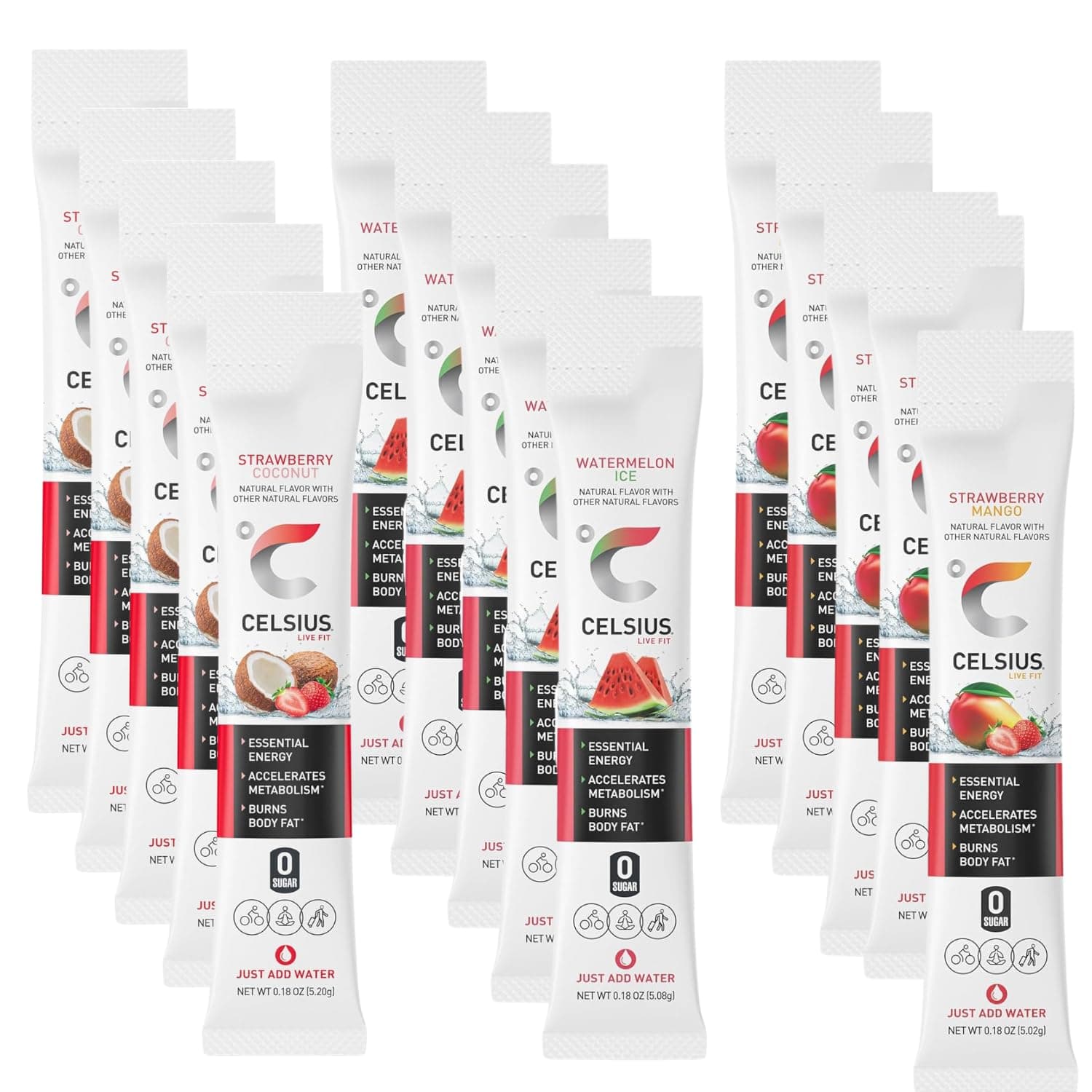 Generic CELSIUS On the Go Essential Energy Drink Powder Packet Stick Mix 3 Flavor Variety Pack, Zero Sugar - Strawberry Coconut, Watermelon Ice and Strawberry Mango - Pack of 15 (5 of Each Flavor)