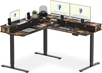 63" L Shaped Standing Desk Electric Corner Table with Shelf, 4 Storage Drawers, Adjustable Computer Workstation for Home, Office, Game, Studio, Rustic Brown Top + Black Frame